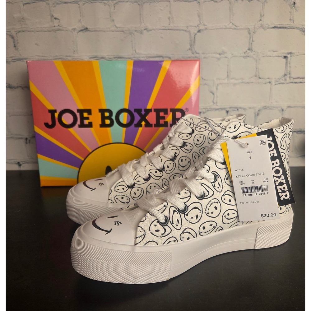 Joe Boxer Kids Smiley Face High Top Platform Sneakers Size 4 White Black NEW